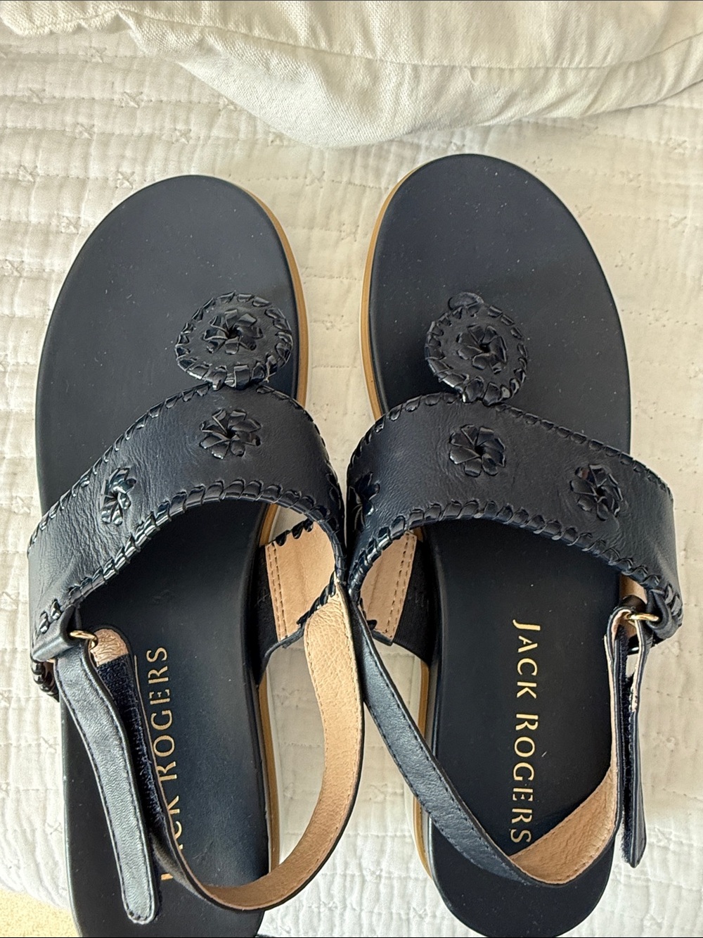 Jack Rogers Black Leather Whipstitch Slingback Sandals